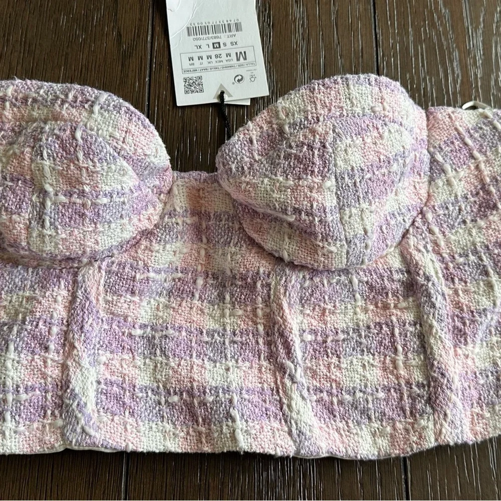 Zara Corset Half Textured Pink Purple Size M Top Crop top Bustier Tweed Plaid - Picture 2 of 7